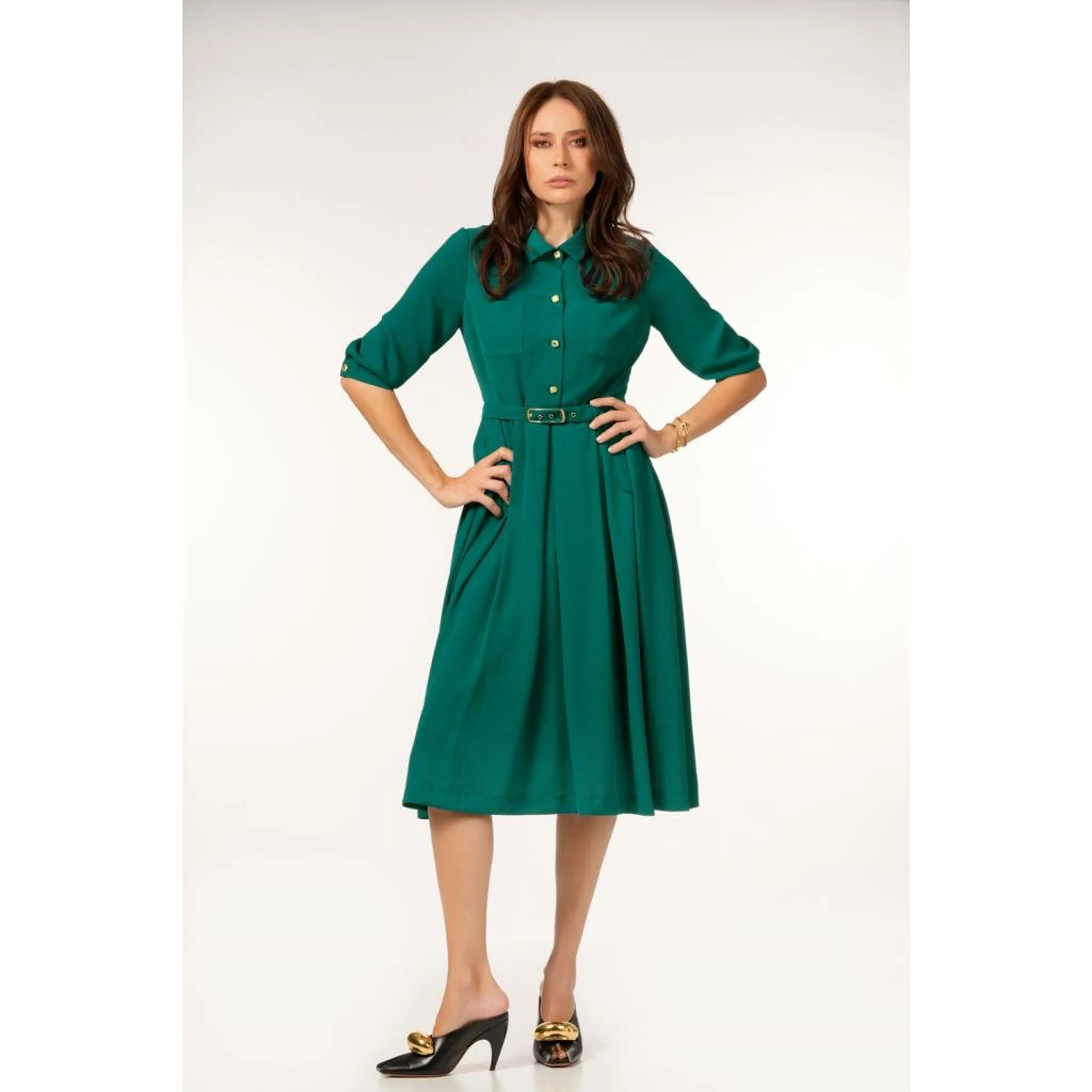 Рокля петролен цвят, разкроена