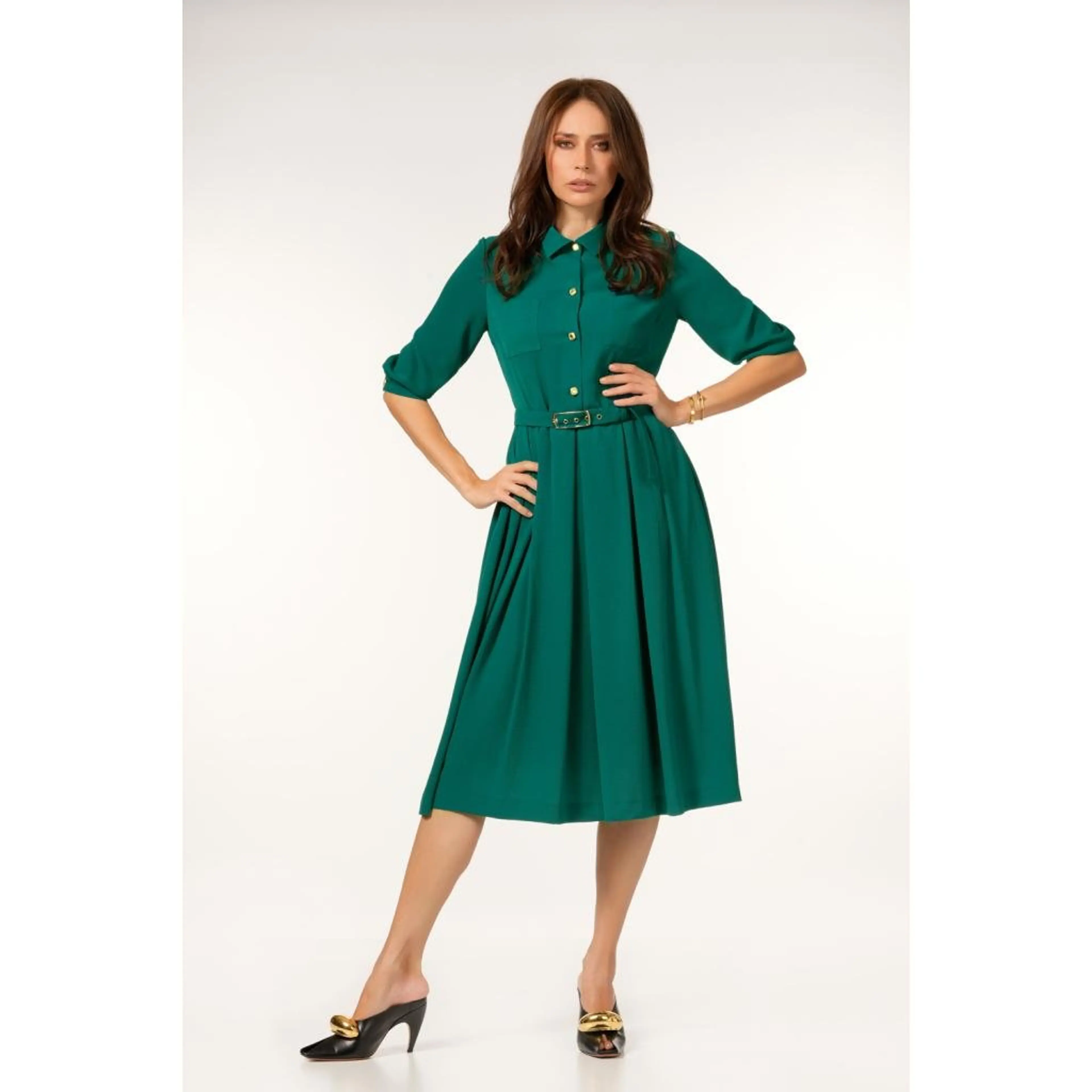 Рокля петролен цвят, разкроена