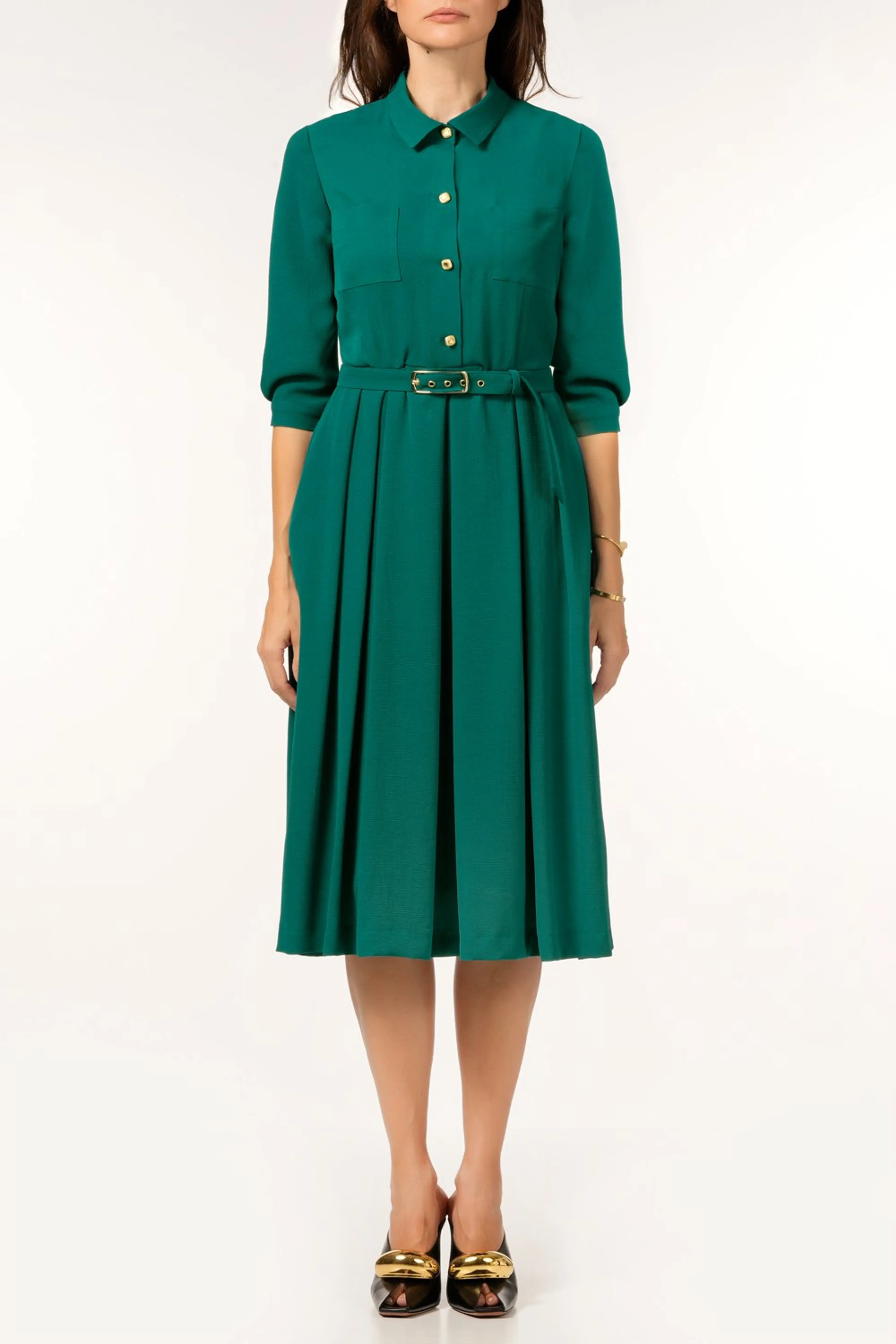 Рокля петролен цвят, разкроена