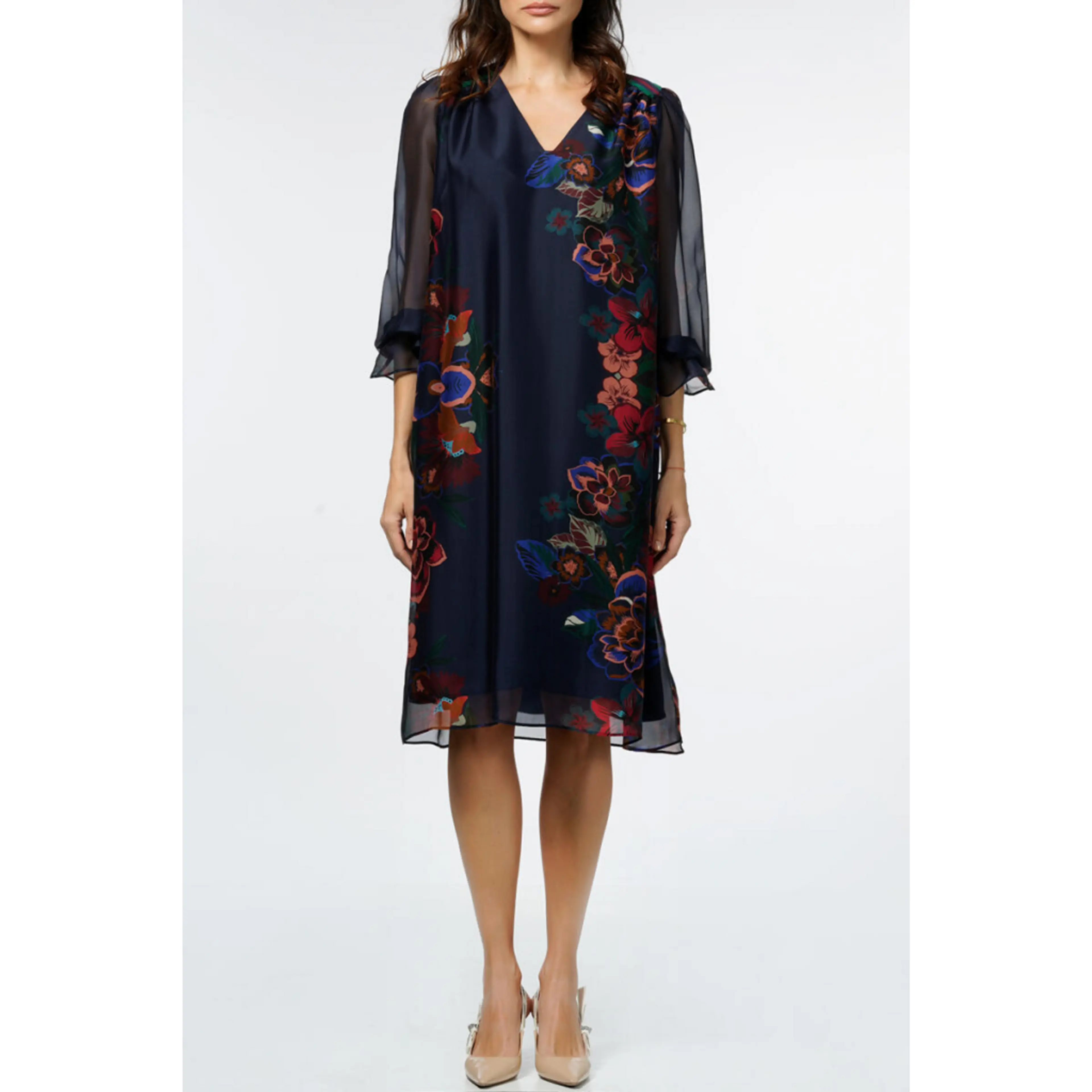 Рокля тъмносиня коприна, флорални мотиви 42