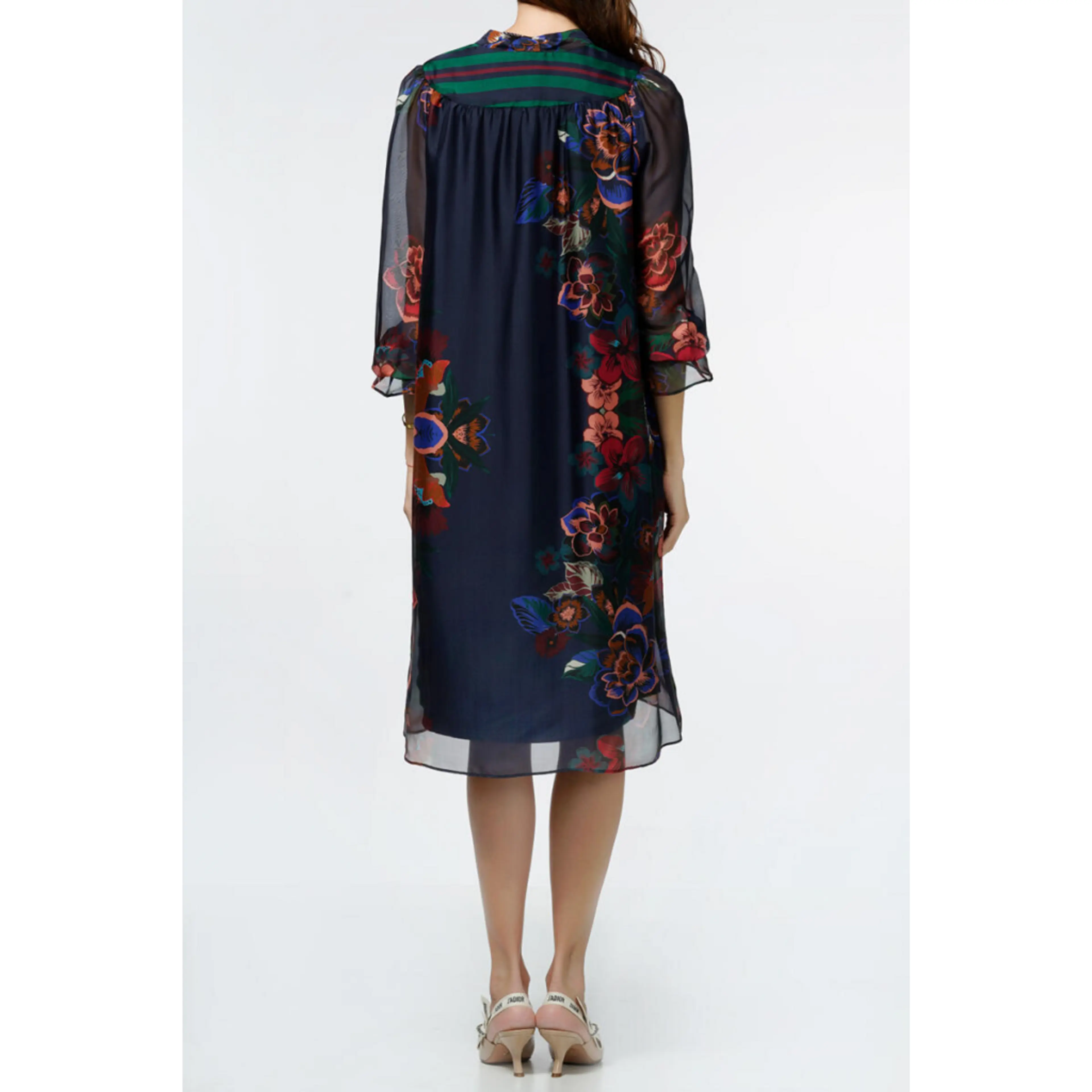 Рокля тъмносиня коприна, флорални мотиви 42