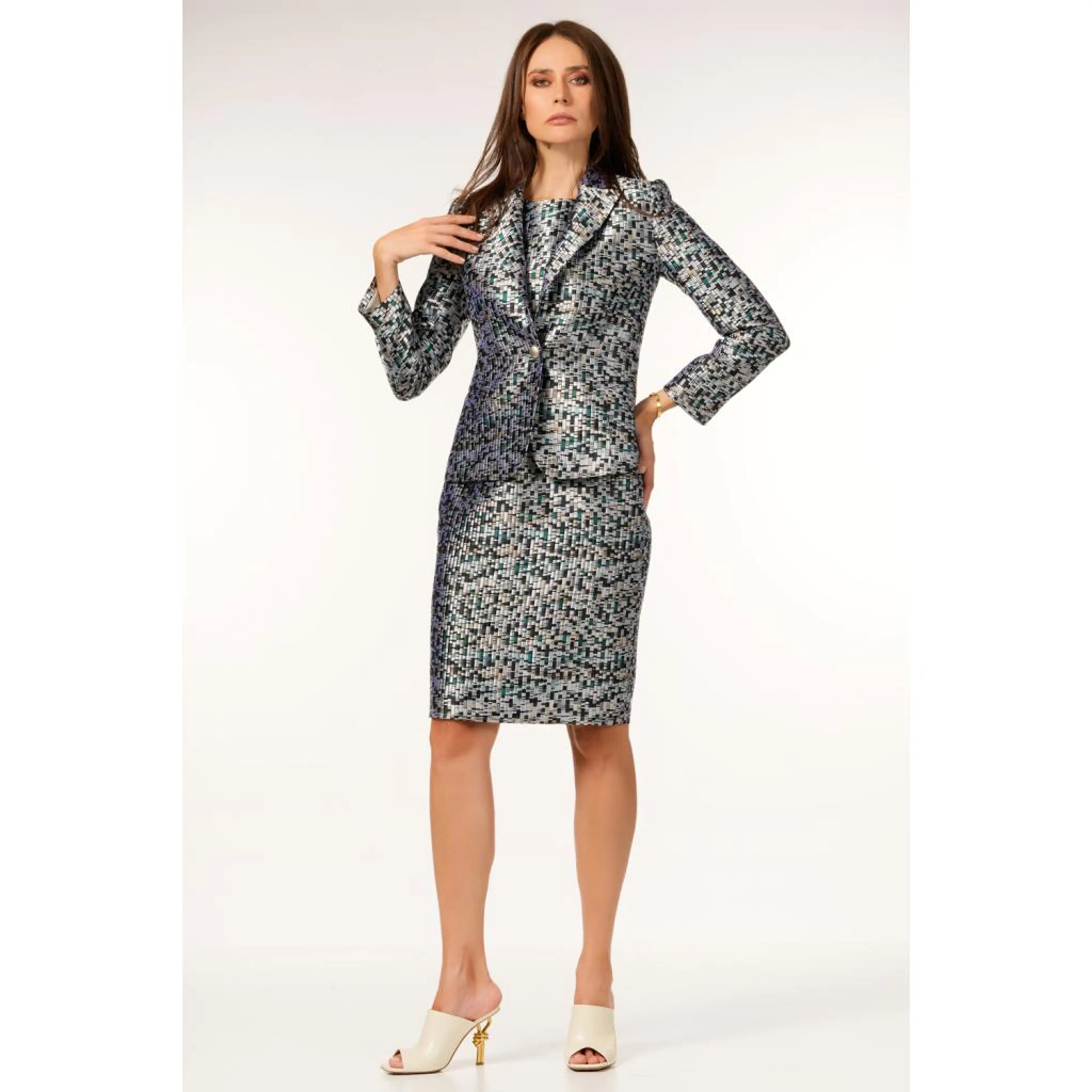 Сако сребристо/синьо/зелен жакард